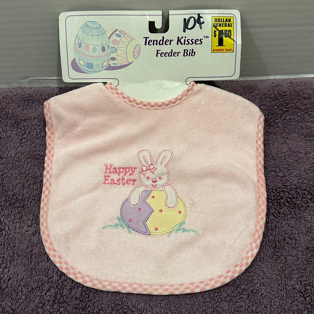 Vintage Dollar General Tender Kisses Pink Feeder Bib Happy Easter Bunny